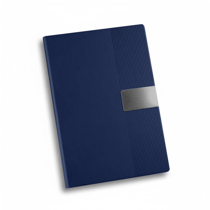 Vienna Notebook A5 - A navy A5 notebook with a textured cover and a metallic band, featuring a logo on the front.