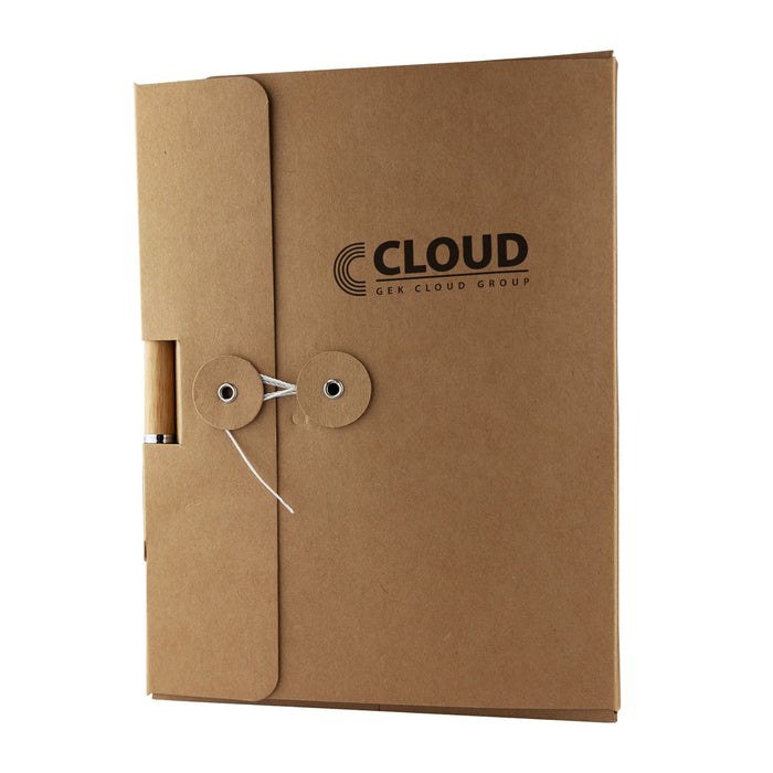 Cardboard Notebook Gift Box - A cardboard notebook gift box in brown with an attached pen and a logo present on the front.