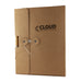 Cardboard Notebook Gift Box - A cardboard notebook gift box in brown with an attached pen and a logo present on the front.
