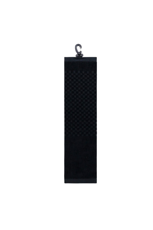 Turnberry Luxury TriFold Towel - A black luxury tri-fold towel with a hook for hanging, featuring a textured pattern.