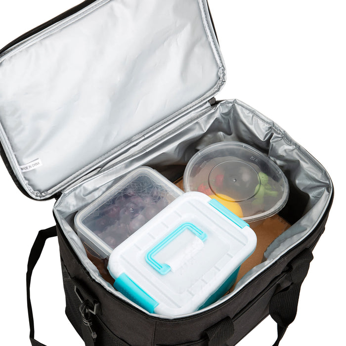 Large Nylon Cooler Bag - A large black nylon cooler bag with silver interior, containing various containers of food and fruit.