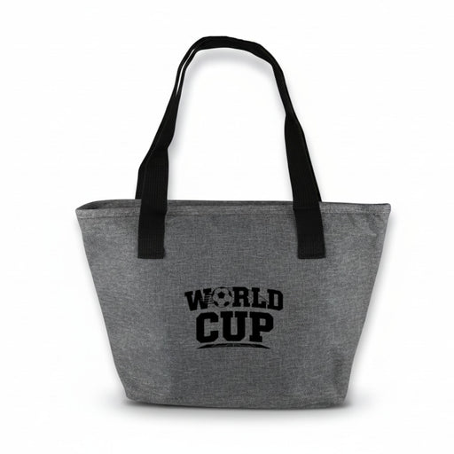 Bavarian Lunch Bag - A grey tote bag with black handles and a logo featuring the words "WORLD CUP".