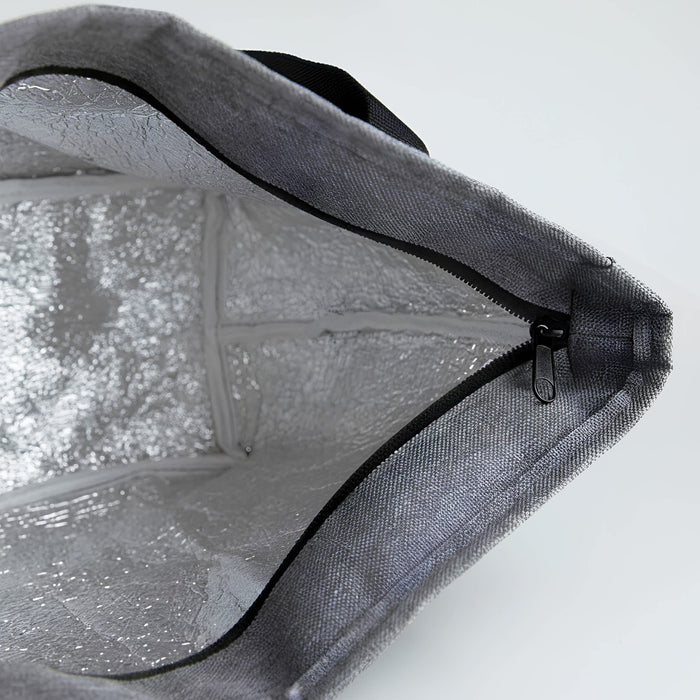Bavarian Lunch Bag - A grey lunch bag with a silver insulated interior and a zip closure, featuring a black handle.