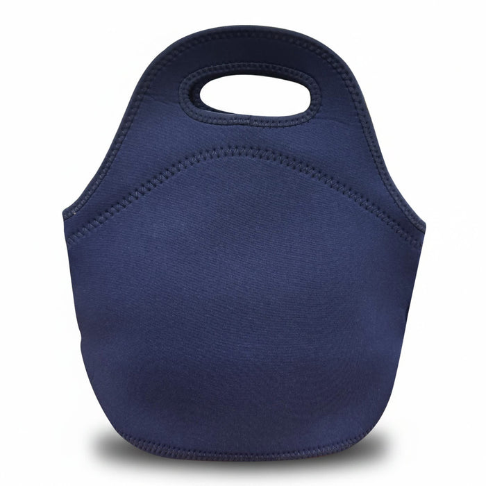 Neoprene Lunch Bag - A navy neoprene lunch bag with a handle, featuring a smooth exterior and rounded shape. It includes a branding logo.