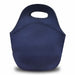 Neoprene Lunch Bag - A navy neoprene lunch bag with a handle, featuring a smooth exterior and rounded shape. It includes a branding logo.