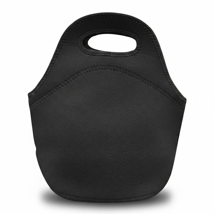 Neoprene Lunch Bag - A black neoprene lunch bag featuring a rounded top handle and seamless sides. It has a simple, sleek design.