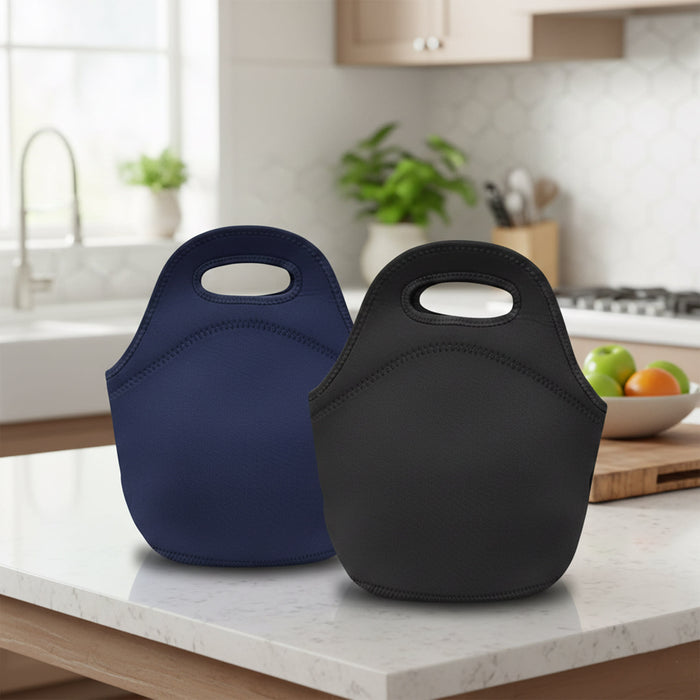 Neoprene Lunch Bag - A navy blue and a black neoprene lunch bag are displayed on a kitchen counter, featuring built-in handles.