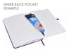 Essentials A5 Notebook - An open A5 notebook with a black cover, featuring a blank interior and a back pocket holding a blue item.