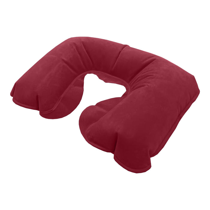 Doux Travel Neck Pillow - A red travel neck pillow with a U-shaped design, featuring a soft, plush texture and a logo.
