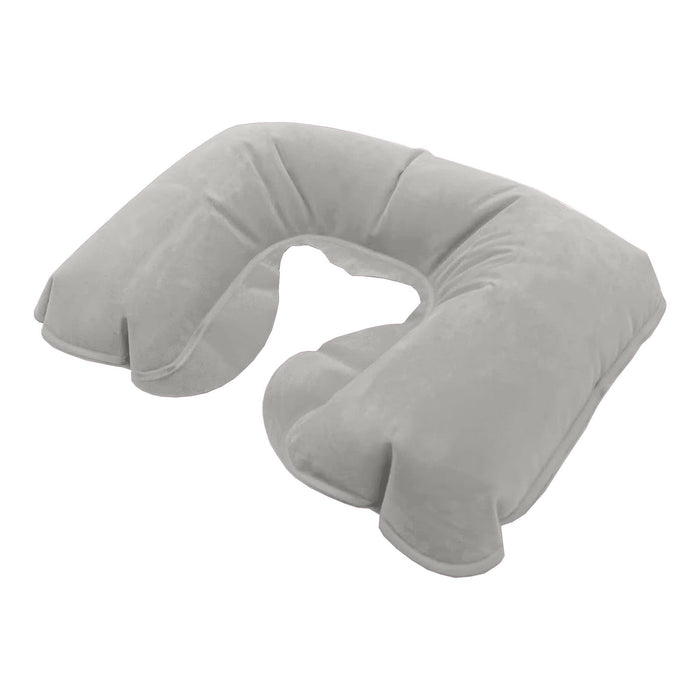 Doux Travel Neck Pillow - A grey travel neck pillow with a U-shape design, featuring soft material and a logo.