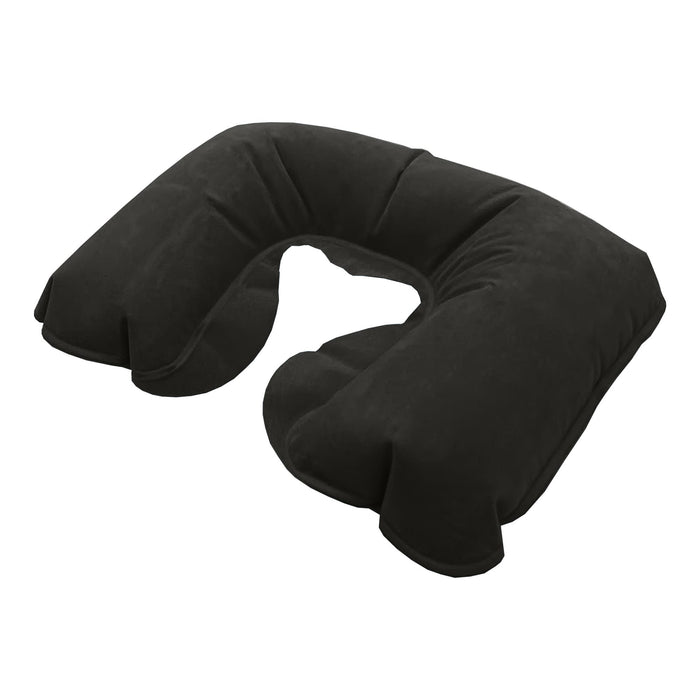 Doux Travel Neck Pillow - A black travel neck pillow with a contoured design for comfort. It features a soft fabric and has a logo.