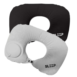 Jodie Inflatable Neck Pillow - A black and a grey Jodie inflatable neck pillow with a circular valve and a logo on each pillow.