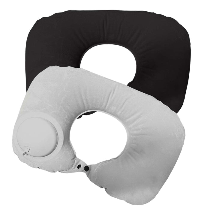 Jodie Inflatable Neck Pillow - Two inflatable neck pillows in black and white, featuring a circular valve and a smooth texture.