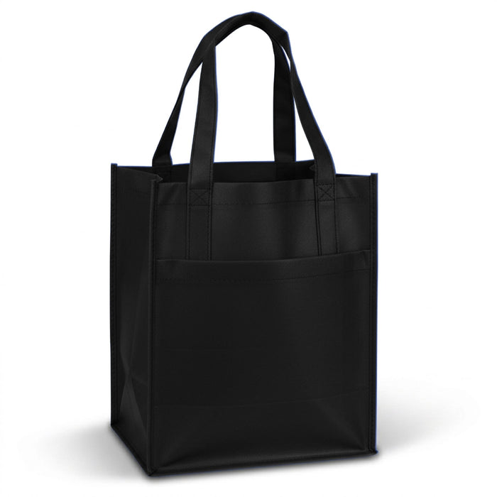 Pocket Shopping Bag - A black shopping bag with two handles and a front pocket. The bag has a simple design and a sturdy appearance.