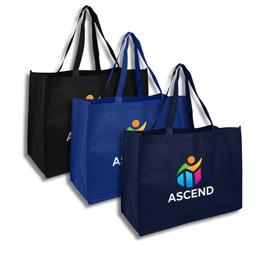 Jumbo Non Woven Shopper - A set of three reusable grocery bags in black and navy blue, featuring a logo on the front.