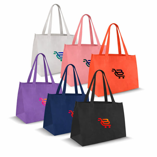 Medium Non Woven Tote - A collection of medium non-woven tote bags in various colours: grey, pink, orange, purple, and black, each with a logo.