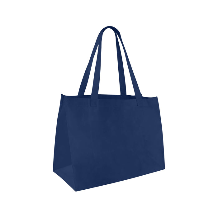 Medium Non Woven Tote - A medium, navy blue non-woven tote bag with two sturdy handles and a flat bottom. It features a logo.