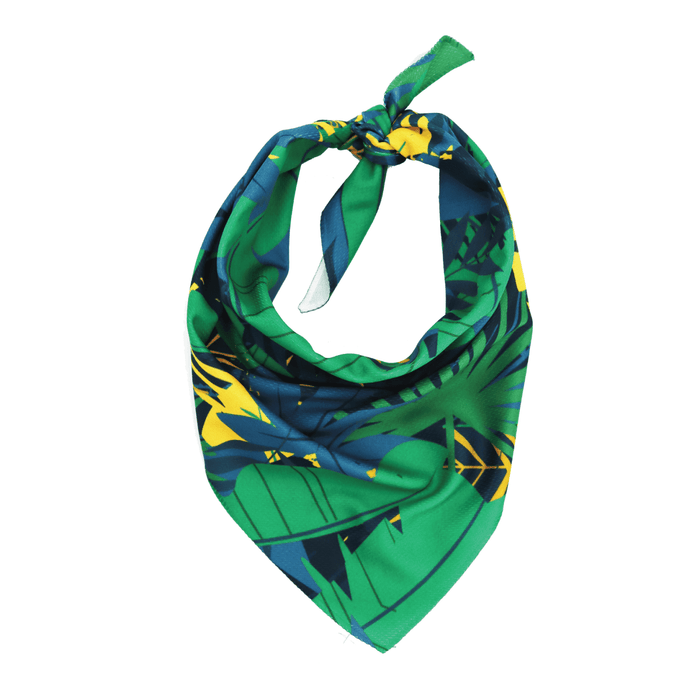 Very Kool Cooling Bandana - A green and blue patterned cooling bandana featuring vibrant yellow accents and a knot at the top.