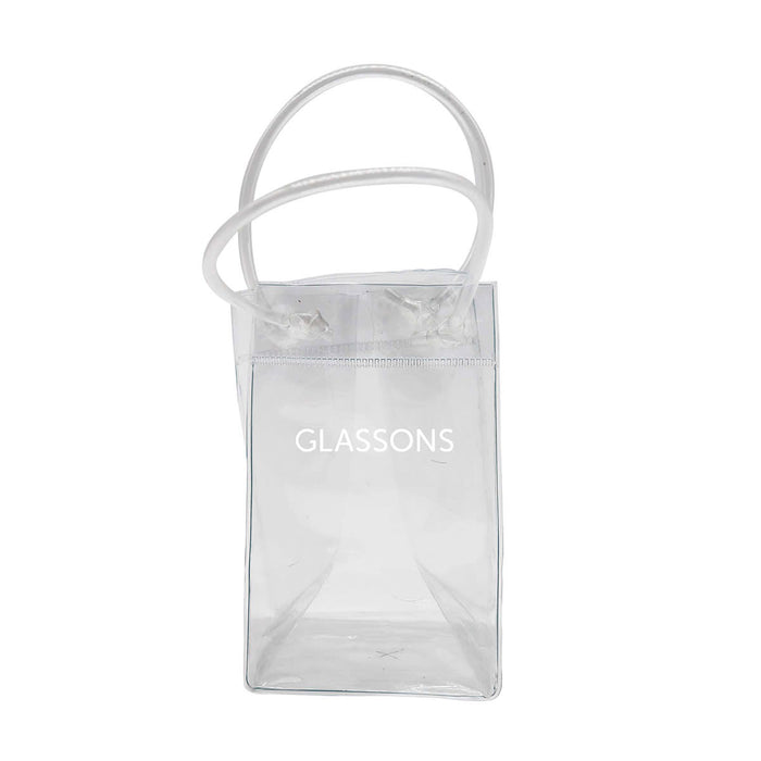 Icy Bags - Small - A transparent small cooler bag with clear handles and a logo printed on the front.