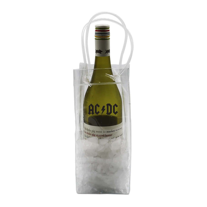Icy Bags - Medium - A clear cooler bag containing ice and a wine bottle, featuring a logo at the top and handles for carrying.
