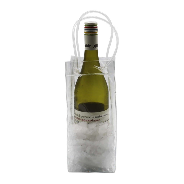 Icy Bags - Medium - A transparent cooler bag containing a wine bottle and ice, with a white handle and a branding logo.