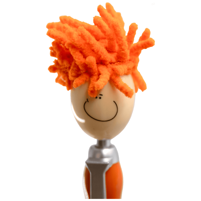 Mop Head Pen with Stylus - An orange mop head pen with a smiling face, featuring fluffy orange strands for hair and a silver clip.