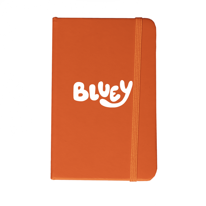 Minichroma A6 Notebook - An orange notebook featuring a white logo on the front and an elastic band.