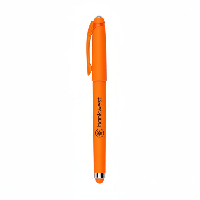 Fidget Gel Pen - An orange fidget gel pen with a logo. The pen features a smooth barrel and a stylus tip.