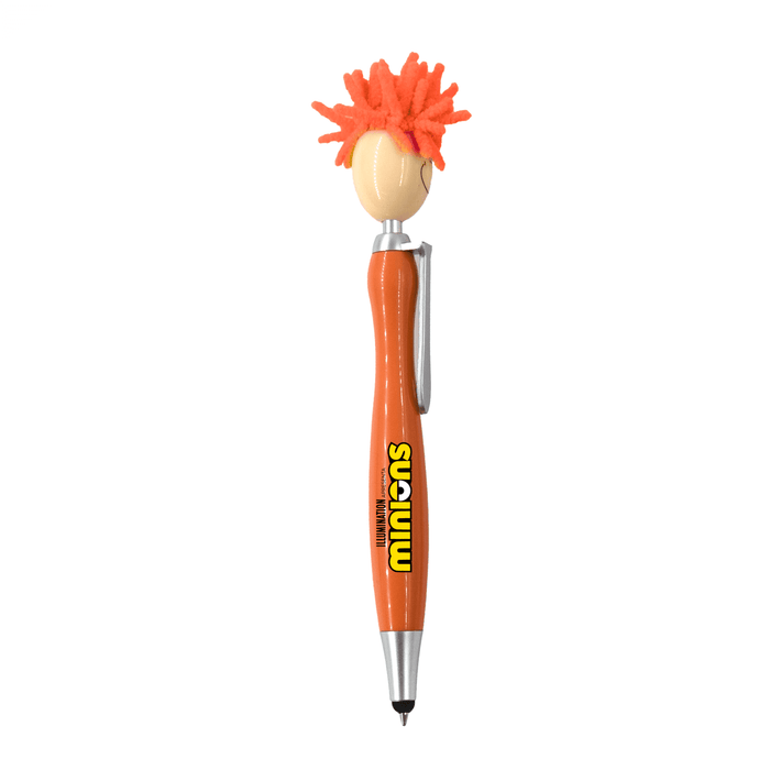 Mop Head Pen with Stylus - A Mop Head Pen with Stylus featuring an orange body and bright orange mop-like top. Includes a branding logo.