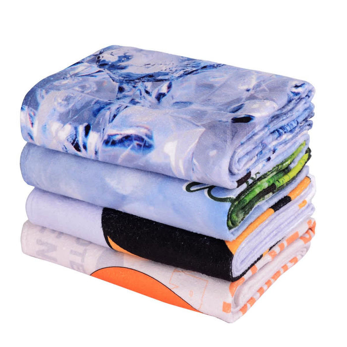 Bath Towel - A stack of four face washers in various colours, featuring different patterns and a logo on one of the towels.