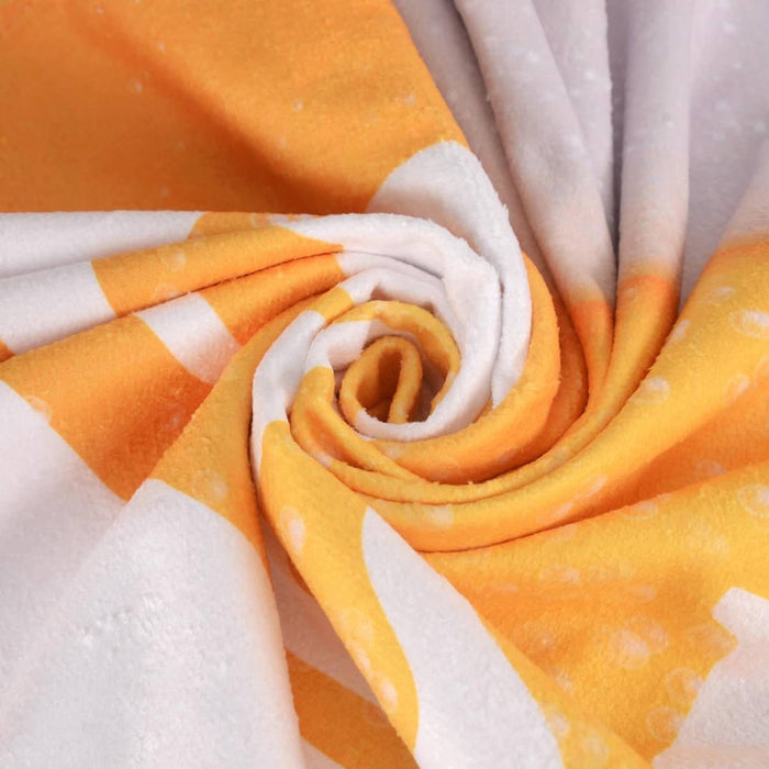 Bath Sheet - A folded face washer featuring a vibrant orange and white design with textured patterns. It has branding.