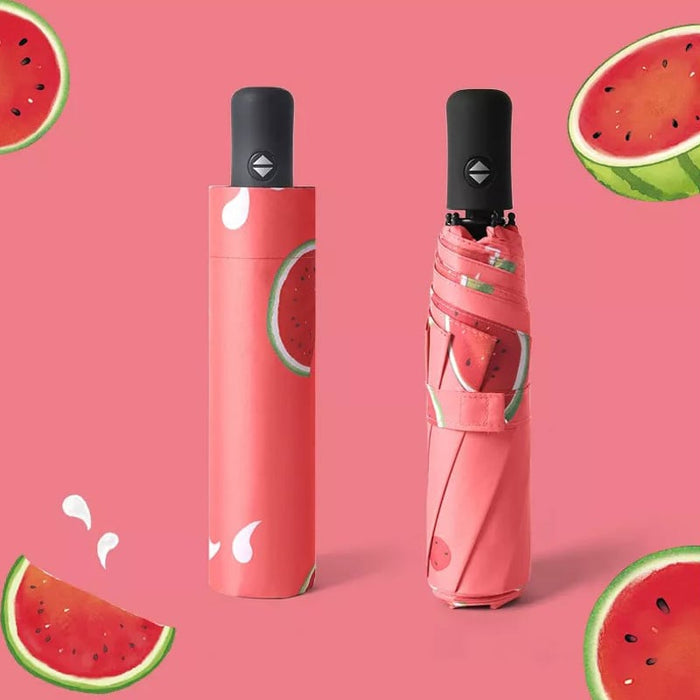 Full Colour Poppins Umbrella - A pink watermelon-themed umbrella with a matching sleeve, featuring vibrant green and red watermelon designs.