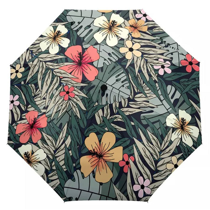 Full Colour Poppins Umbrella - A full-colour umbrella featuring a vibrant floral pattern with pink, yellow, and red flowers on a green background.