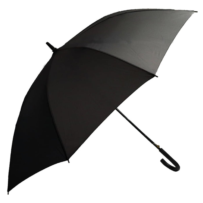 Full Colour Corporate Umbrella - A black umbrella with a curved handle and a solid canopy, featuring a logo on the fabric.