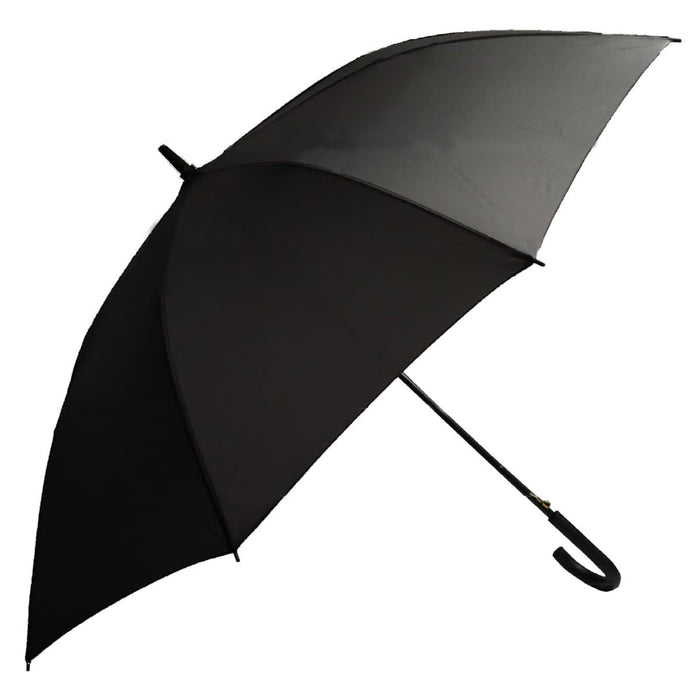 Full Colour Corporate Umbrella - A black umbrella with a curved handle and a sleek design, featuring a logo on the canopy.