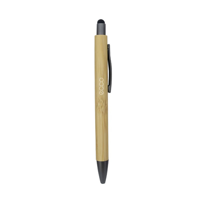 Manopoli Bamboo Pen - A bamboo pen featuring a black stylus tip and a silver clip, with branding on the body.