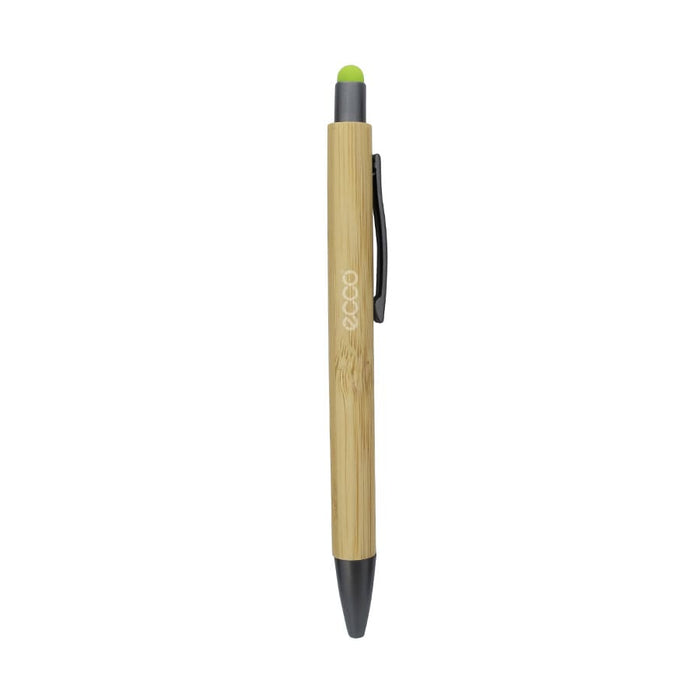 Manopoli Bamboo Pen - A bamboo pen featuring a green stylus tip and a black barrel, with a clip and a logo on the side.
