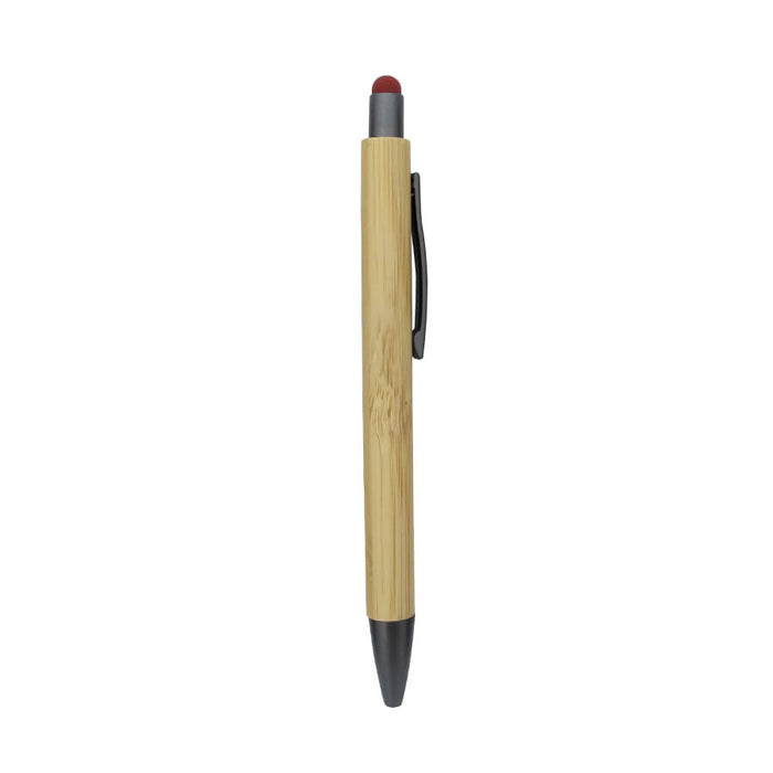 Manopoli Bamboo Pen - A bamboo pen featuring a red stylus tip and a black end, with a clip for easy attachment.