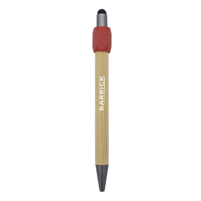 Harley Bamboo Spinner Pen - A bamboo rollerball pen with a red cap and black tip, featuring branding on the barrel.