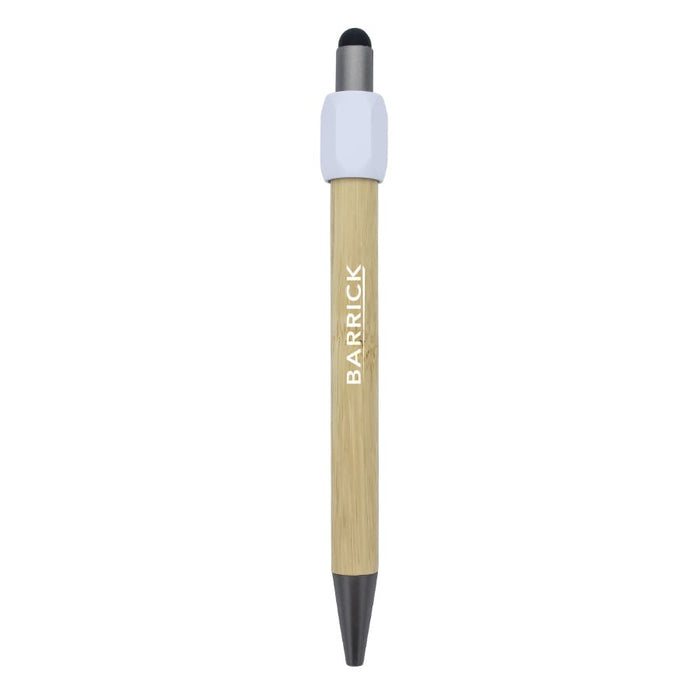 Harley Bamboo Spinner Pen - A bamboo spinner pen in natural wood and black, featuring a white grip and branding.