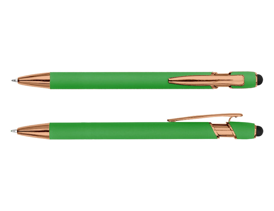 Colombo Rose Gold Stylus Pen - A green stylus pen with rose gold accents, featuring a sleek design and a black tip for touchscreen use.