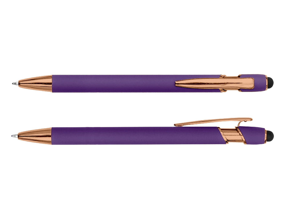 Colombo Rose Gold Stylus Pen - A purple stylus pen with rose gold accents and a clip. It features a rounded tip and a sleek design.