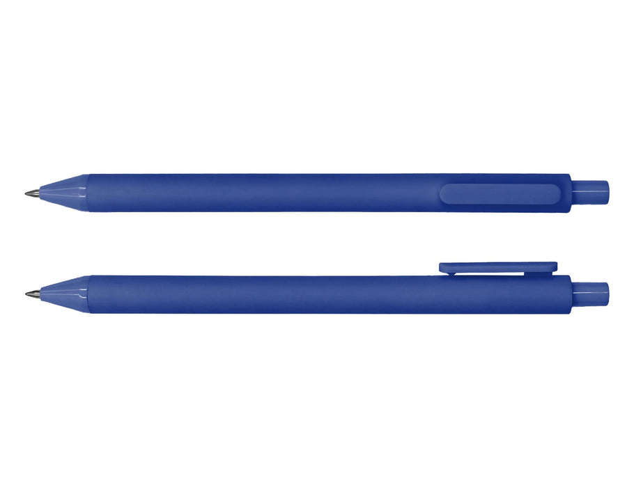 Virgo Ball Point Pen - A blue ballpoint pen displayed from two angles, featuring a smooth design and a clip for easy attachment.