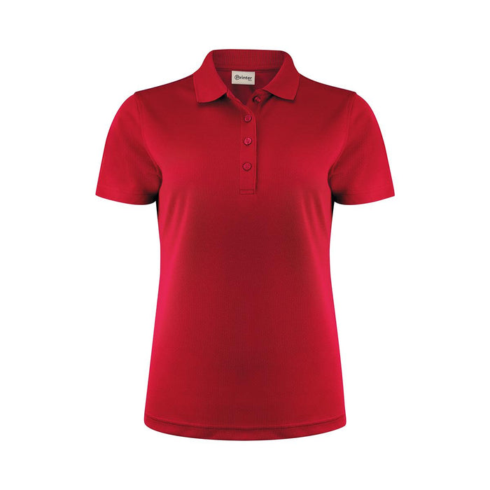 Women's Smash Polo - A red women's polo shirt featuring a collar and three buttons, with a logo at the neck.