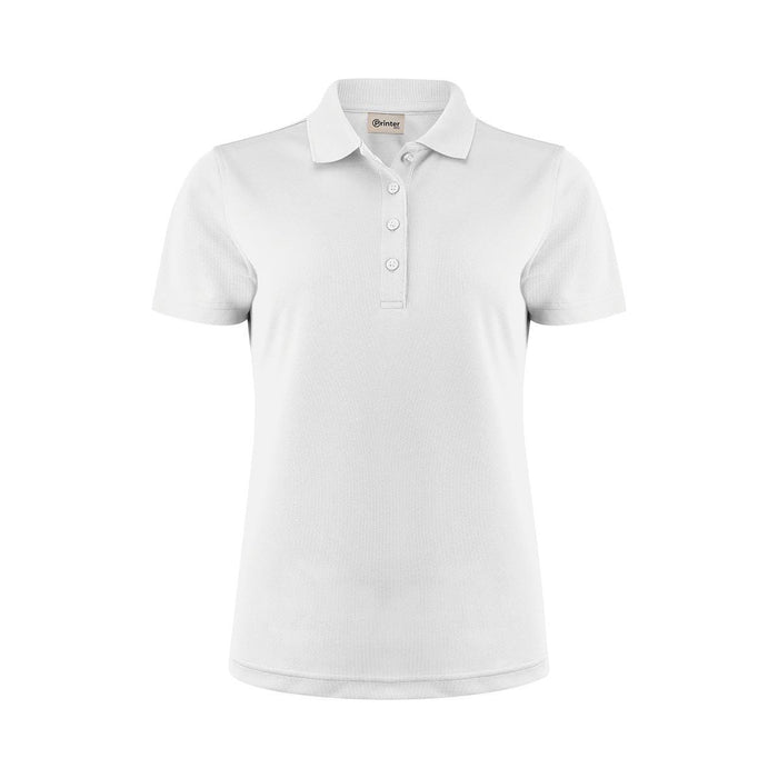 Women's Smash Polo - A white women's polo shirt featuring a collar and three buttons, with a logo on the front.