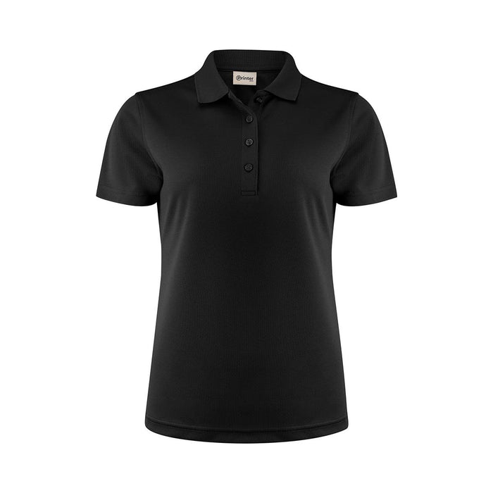 Women's Smash Polo - A black women's polo shirt featuring a classic collar and button placket. It has a branded logo.