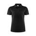 Women's Smash Polo - A black women's polo shirt featuring a classic collar and button placket. It has a branded logo.