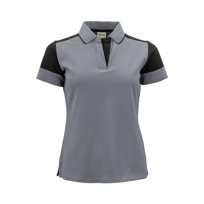 Women's Printer Prime Polo - A women's polo shirt in grey with black sleeves and collar, featuring a subtle design and a logo.