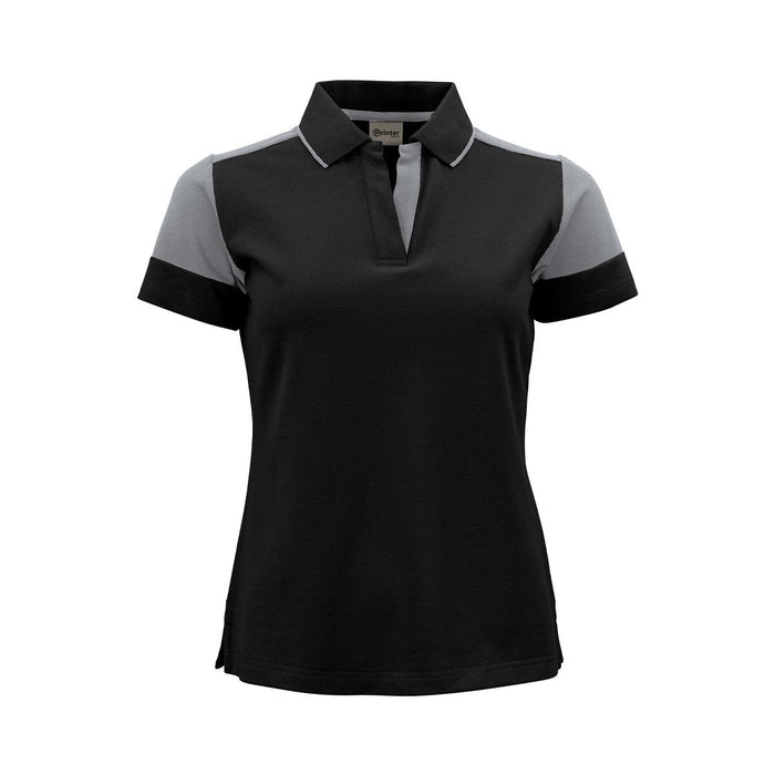 Women's Printer Prime Polo - A women's black and grey polo shirt with short sleeves and a collar, featuring a logo.