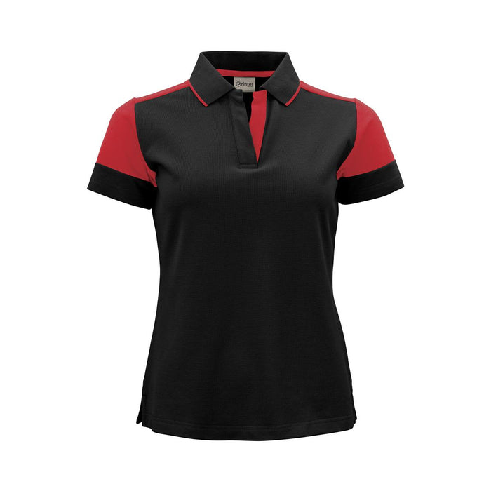 Women's Printer Prime Polo - A women's polo shirt featuring a black body with red sleeves and a collar, designed with a logo.